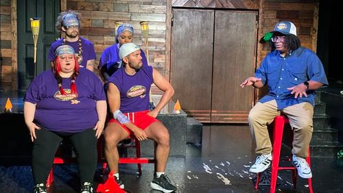 Whole World Theatre has created a "Survivor"-themed improv show this month: "Gen X vs. Millennials." On Saturday, Aug. 10, 2024 at 10 p.m., the second of four episodes was staged in Midtown Atlanta. Daniel Clanton (right) plays host. RODNEY HO/rho@ajc.com