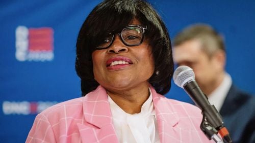 Minyon Moore, chair of the Democratic National Convention Committee, discusses the 2024 Democratic National Convention at a Chicago press conference in April 2024. (Photo Courtesy of Ashlee Rezin/Chicago Sun-Times/AP)