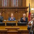 Georgia's top leaders at the Capitol, Gov. Brian Kemp, center, Lt. Gov. Burt Jones, left, and House Speaker Jon Burns. (Arvin Temkar/The Atlanta Journal-Constitution/TNS)