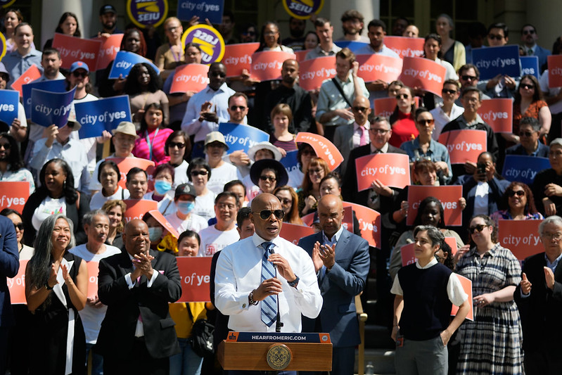 Mayor Eric Adams rallying with officials in his administration, union members and advocates for the launch of the public review period for his 'City of Yes: Zoning for Housing Opportunity" plan in April 2024.