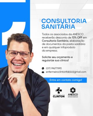 Consultoria Sanitária – Faça um diagnóstico da sua clínica  GRATUITO! Associado ANESCO tem 10% de desconto em consultoria, pasta sanitária, elaboração de documentos. Converse com Equipe de Suporte  – Clinton Fábio