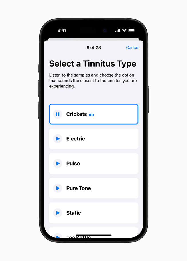 iPhone 15 Pro shows a screen from the Apple Hearing Study that says “Select a Tinnitus Type,” followed by the choices: Crickets, Electric, Pulse, Pure Tone, Static, and Tea Kettle.