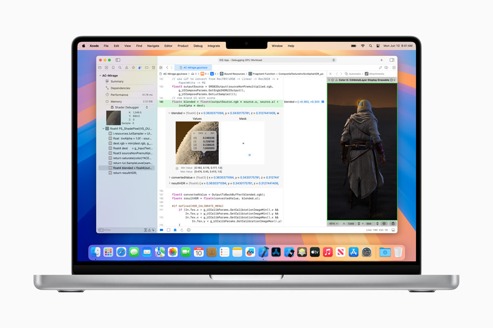 MacBook Pro 14 pouces montre le débogage et le profilage du code source des nuanceurs HLSL.