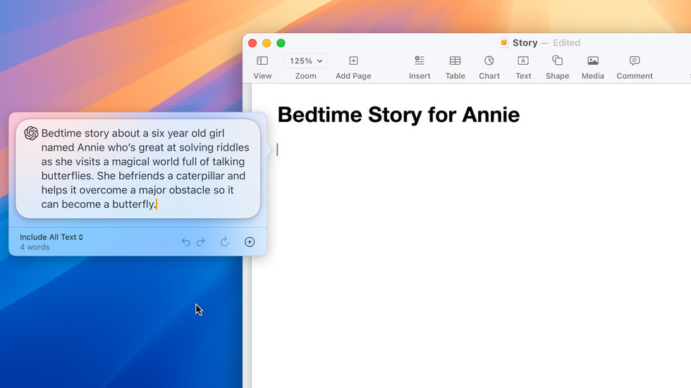 Usando a ferramenta Compose no Pages, um usuário insere uma solicitação para que o sistema escreva uma história para dormir sobre uma criança de seis anos chamada Annie que é ótima em resolver enigmas.