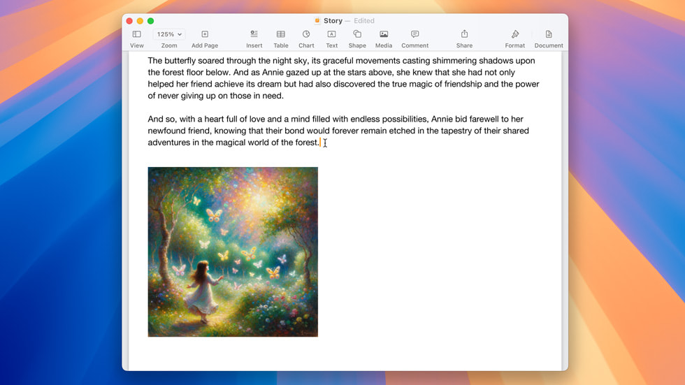 In Pages, a user’s Compose-generated bedtime story and accompanying image are shown.