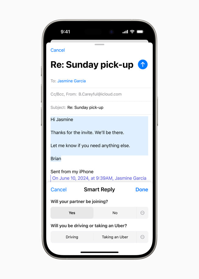 Smart Reply-funktionen visas på iPhone 15 Pro.