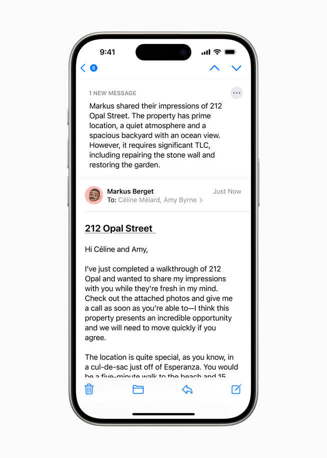 The email preview summary feature is shown on iPhone 15 Pro.