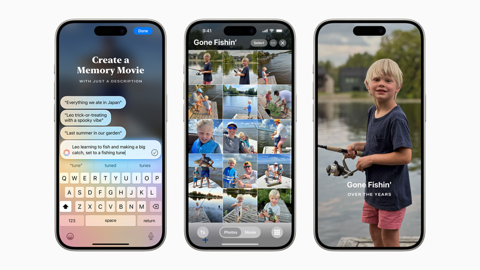Three iPhone 15 Pro screens show how users can create Memory Movies.