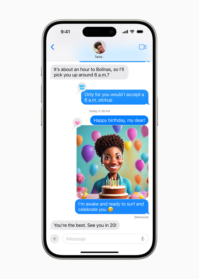 iPhone 15 Pro shows how Image Playground works in Messages.