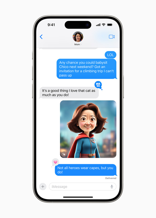 No app Mensagens de um iPhone 15 Pro, uma imagem gerada pelo Image Playground mostra a mãe do usuário representada como uma super-heroína.