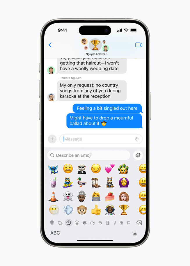 In Messages, a user is presented with an array of Genmoji options based on the contents of their conversation.