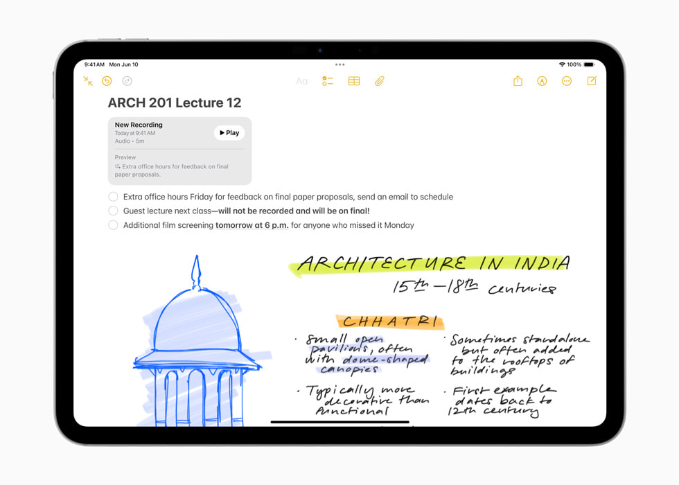 iPad Pro shows the ability to record and transcribe audio in the Notes app.