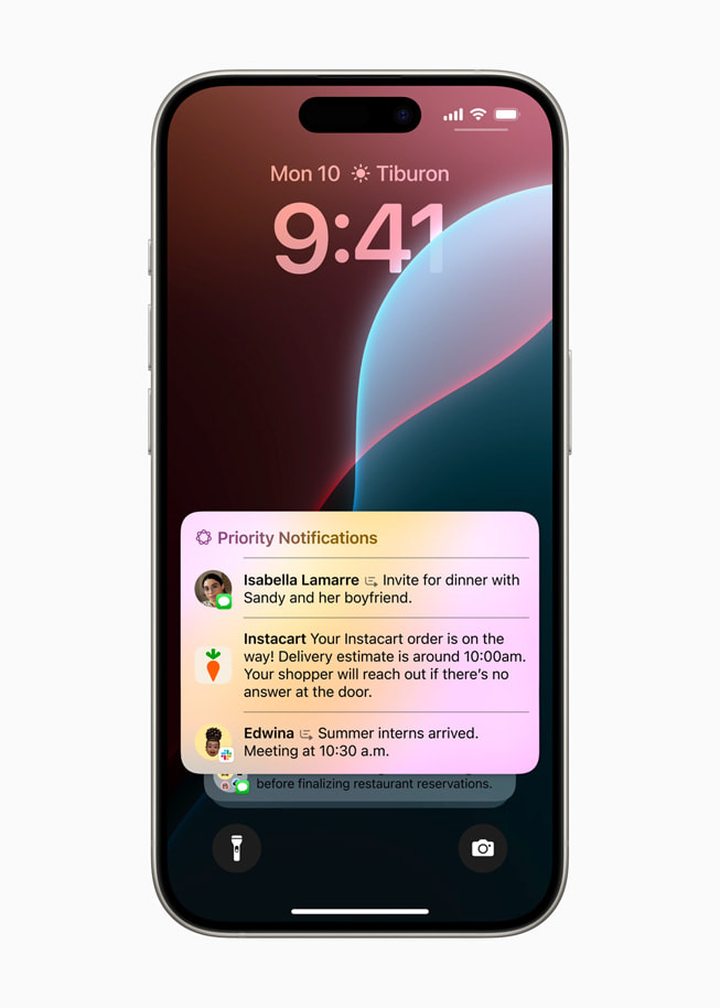 Priority Notifications are shown on iPhone 15 Pro.