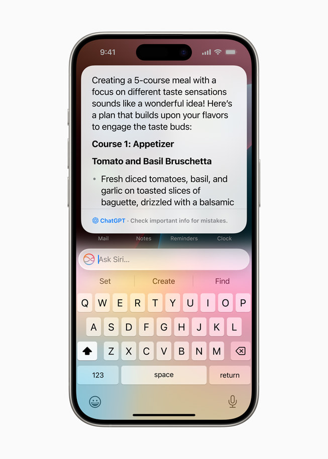 On iPhone 15 Pro, ChatGPT’s results are presented through Siri. The first course — tomato and basil bruschetta — is detailed in a bullet.