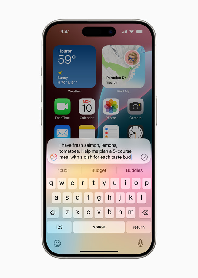 An iPhone 15 Pro user enters a prompt for Siri that reads, “I have fresh salmon, lemons, tomatoes. Help me plan a 5-course meal with a dish for each taste bud.” 