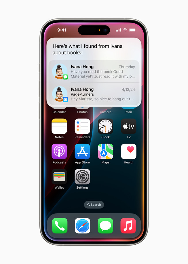 Em um iPhone 15 Pro, a Siri encontra as recomendações de leitura enviadas ao usuário por outra pessoa.