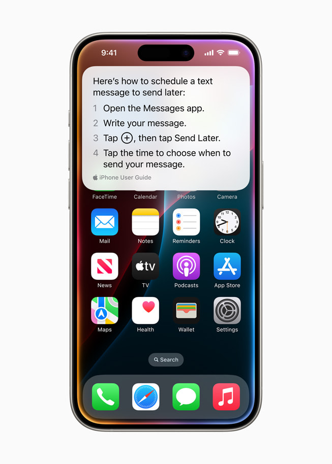 A Siri responde a uma pergunta sobre como agendar uma mensagem de texto em um iPhone 15 Pro.