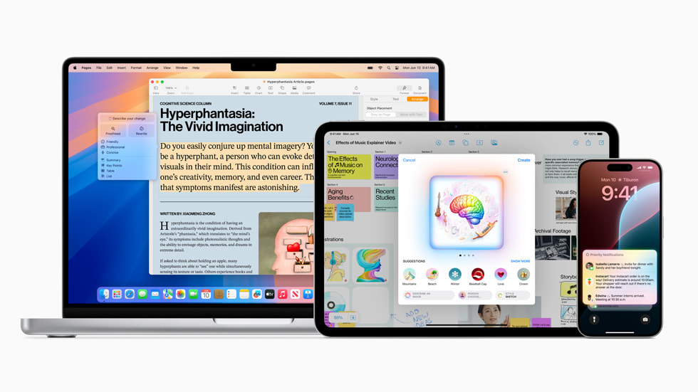 Una MacBook Pro, un iPad Pro y un iPhone 15 Pro muestran las nuevas funcionalidades de Apple Intelligence.