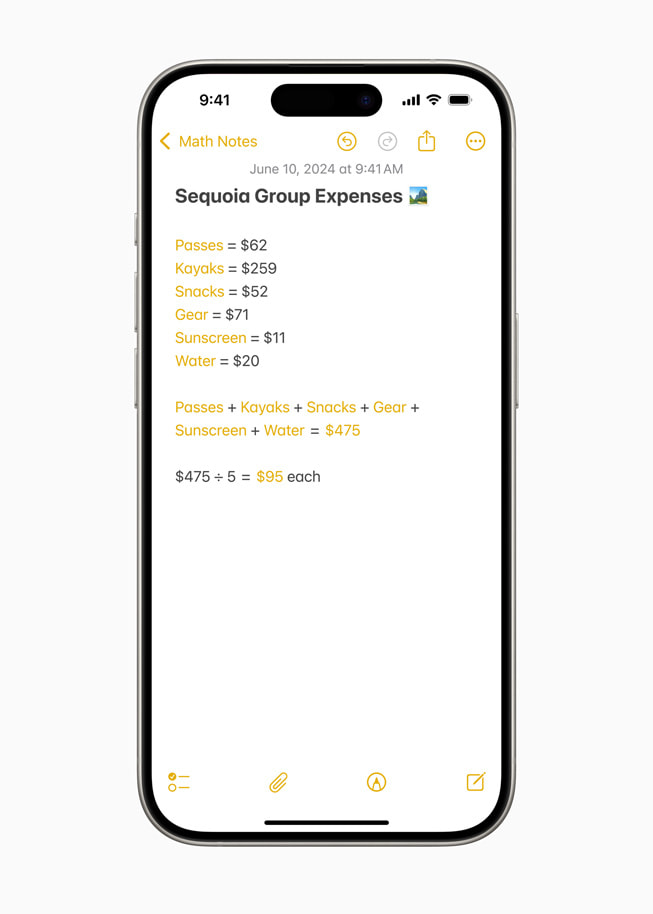 O iPhone 15 Pro mostra o cálculo das despesas do grupo “Sequoia” nas Math Notes.