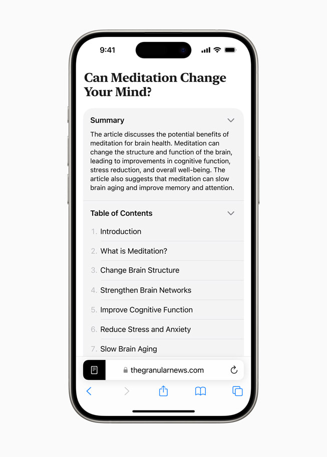 O iPhone 15 Pro mostra o artigo “Can Meditation Change Your Mind” com um resumo e um índice incluídos.