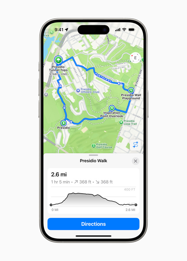 On iPhone 15 Pro, a user’s custom walking route around the Presidio in San Francisco is shown in Apple Maps.