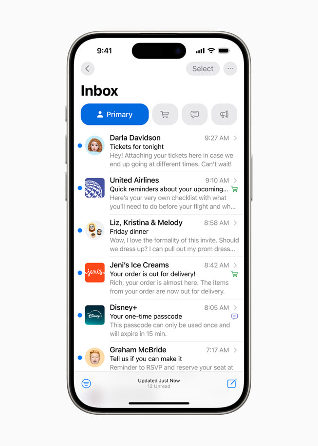 Den nye indbakke Primær i iCloud Mail vist på iPhone 15 Pro.