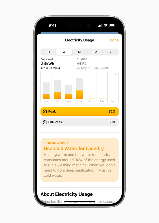 O consumo de energia mostrado na tela do app Casa em um iPhone 15 Pro.