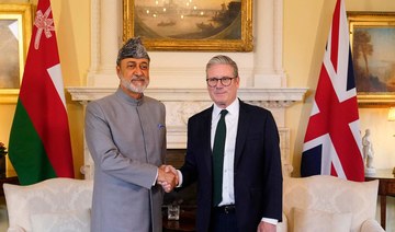 Britain’s PM Keir Starmer shakes hands with Sultan of Oman Haitham bin Tariq during a meeting in London. (AFP)