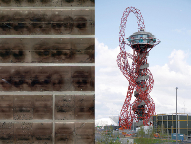 A side-by-side image of aerial dirt lots and a spiraling tower in the Countryside