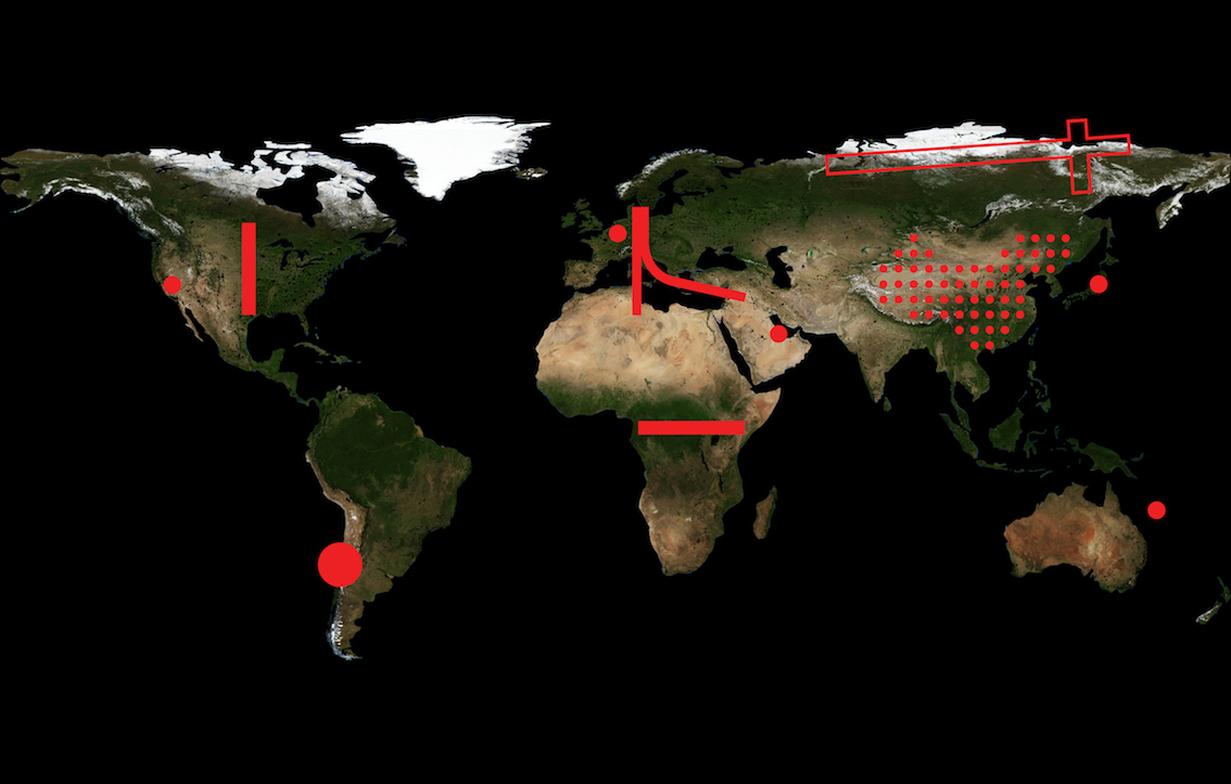 A map of the world colored in red lines for Rem Koolhass's countryside show