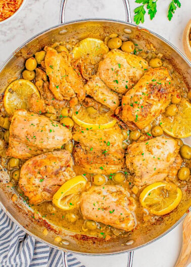 Lemon Olive Chicken Skillet - 🍋🫒🎉 This EASY chicken skillet recipe is full of big flavors including bright and tangy lemons, zesty Spanish olives, oregano, garlic, and onions! This ONE skillet recipe is ready in 30 minutes and tastes like it's from a fancy restaurant, but it's simple enough to make on busy weeknights to level up your chicken dinner game!