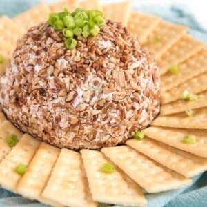 meat and onion cheese ball in the center of a plate with butter crackers all around