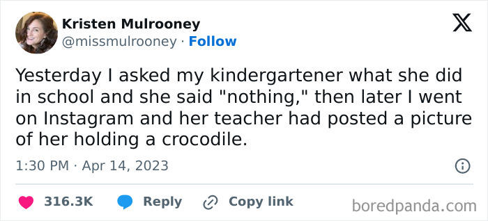 Hilarious meme about a kindergartener's school day, shared on Instagram, featuring a funny crocodile story.