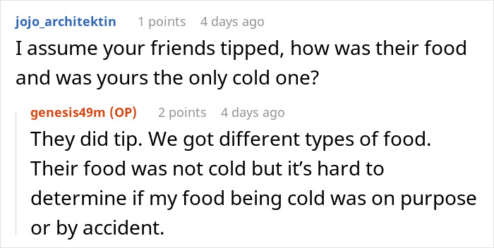 Reddit conversation about cold food and tipping, with user comments discussing if the cold food was intentional.