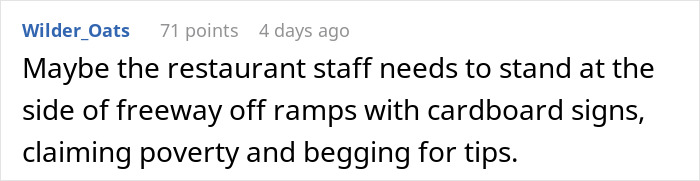 Comment discussing staff shaming customer over tipping, suggesting they beg for tips.