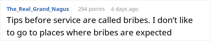 Reddit comment discussing tips and service, mentioning tips as bribes and personal preferences on tipping culture.