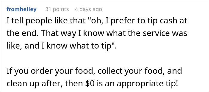 Reddit comment discussing appropriate $0 tip for self-service food experiences.