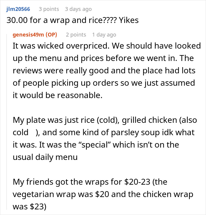 Reddit comments discussing an overpriced meal and cold food experience.