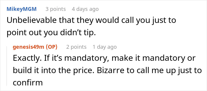 Reddit conversation about a customer shamed for giving a $0 tip, discussing tipping policies.