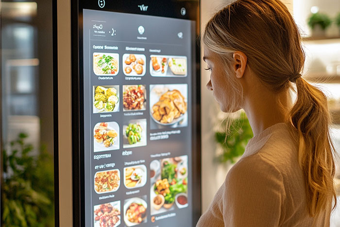 Customer viewing digital menu display, contemplating cold food options.