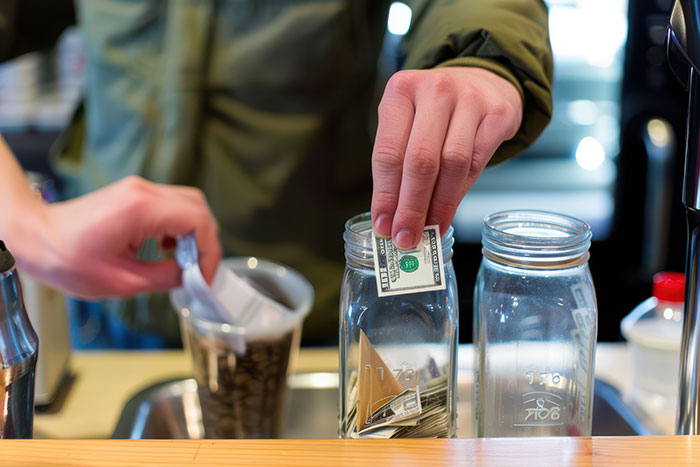 Customer placing money in glass tip jar at counter, highlighting tipping culture.