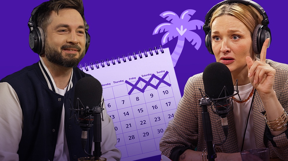 Sebastian Meinberg und Ariane Alter vor einem Kalender mit geblockten Tagen und einer Emoticon-Palme. | Bild: BR