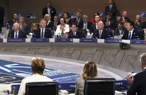 Japanese Prime Minister Fumio Kishida (facing camera, front, C) speaks during a NATO summit in Washington on July 11, 2024.