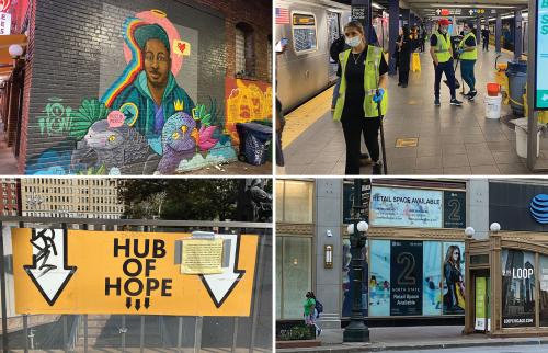 Collage of 4 photos: top left- mural on brick wall of black man with a halo above his head. top right- NYC subway system, woman in yellow vest with broom in her hand. bottom left- orange sign for "hub of Hope" with white arrows pointing down. bottom right- exterior of retail space on the street with a sign stating "Retail space for lease"