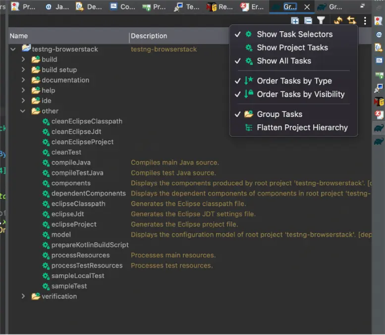 Image showing the Show All Tasks option from the Gradle Tasks menu