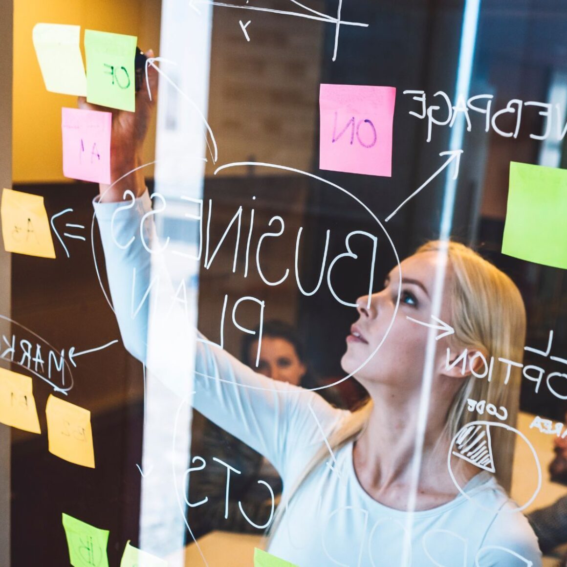 Eine junge Unternehmerin schreibt Mind Maps an eine durchsichtige Tafel