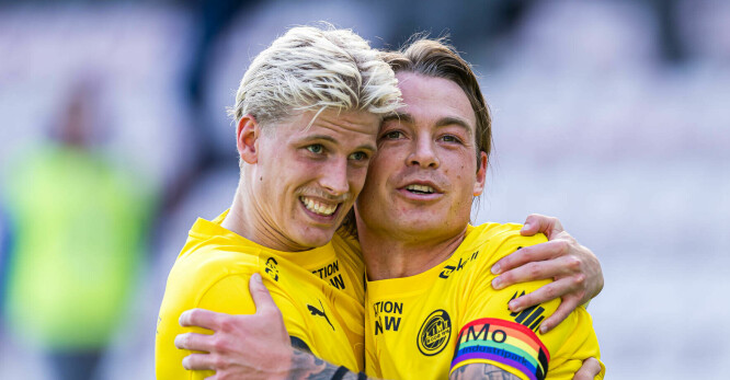 240401 Albert Grønbæk and Patrick Berg of Bodø/Glimt celebrates after the Eliteserien match between Fredrikstad and Bodø/Glimt on April 1, 2024 in Fredrikstad.
Photo: Marius Simensen / BILDBYRÅN / Cop 238 Foto: Marius Simensen / BILDBYRÅN