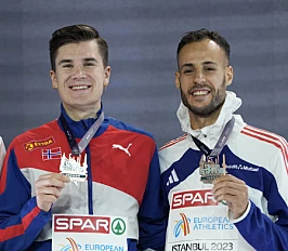 Silver medalist Neil Gourley, of Great Britain, gold medalist Jakob Ingebrigtsen, of Norway, and bronze medalist Azeddine Habz, of France, from left, pose on the podium of the Men 1500 meters final at the European Athletics Indoor Championships at Atakoy Arena in Istanbul, Turkey, Friday, March 3, 2023. (AP Photo/Francisco Seco)