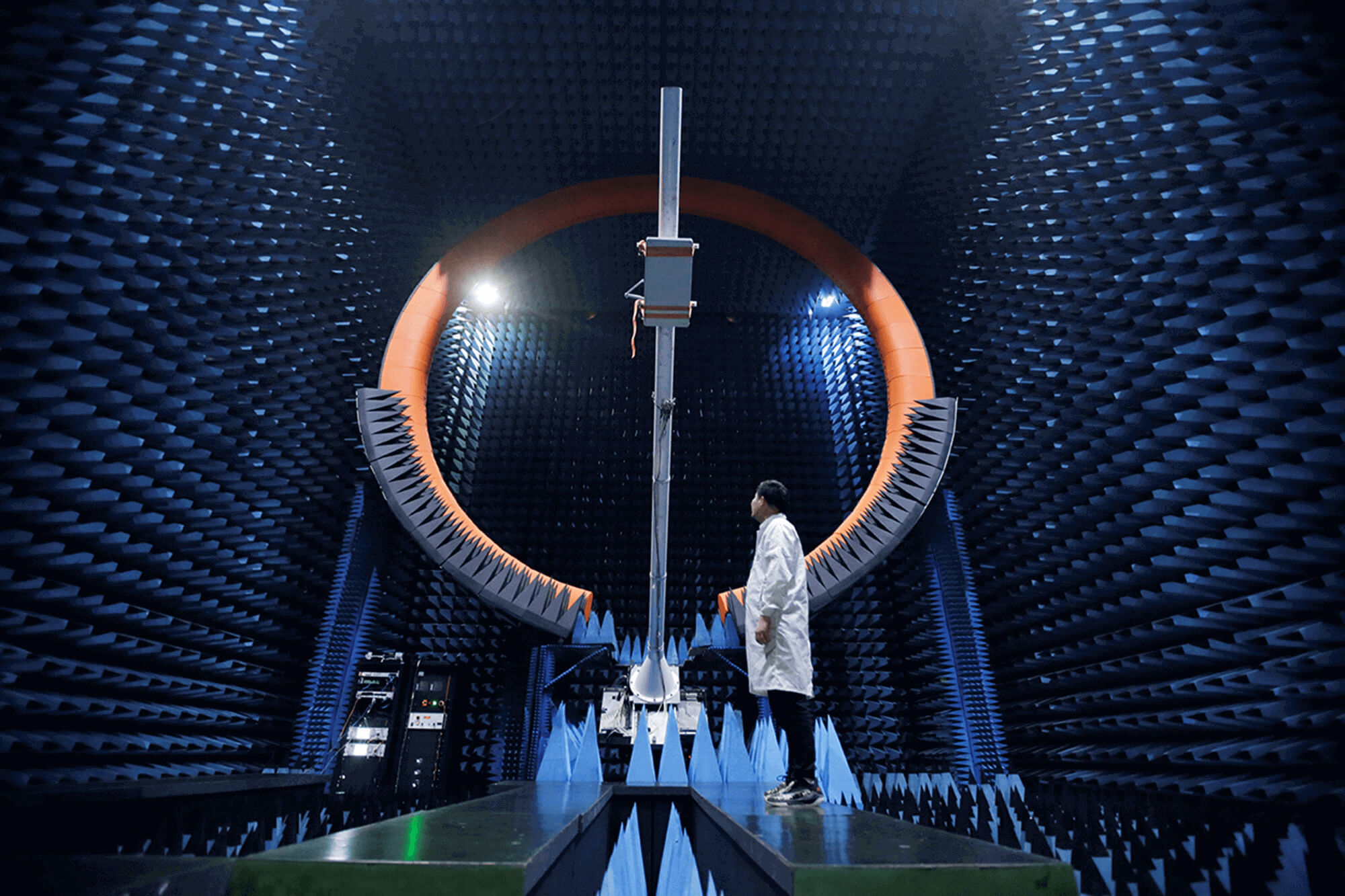 Engineer stands under a 5G antenna at a Huawei testing area in 2019. Huawei has received support as part of China’s Digital Silk Road Initiative.