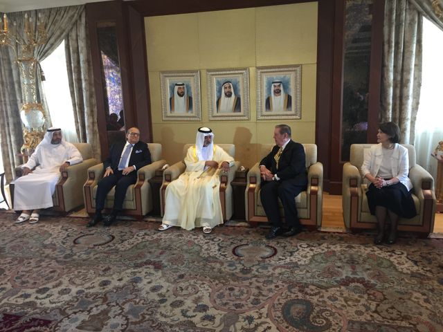 Elder Jeffrey R. Holland meets with Sheikh Nahyan bin Mubarak Al Nahyan (center), during his trip to Abu Dhabi where he dedicated a new stake center in November 2015.